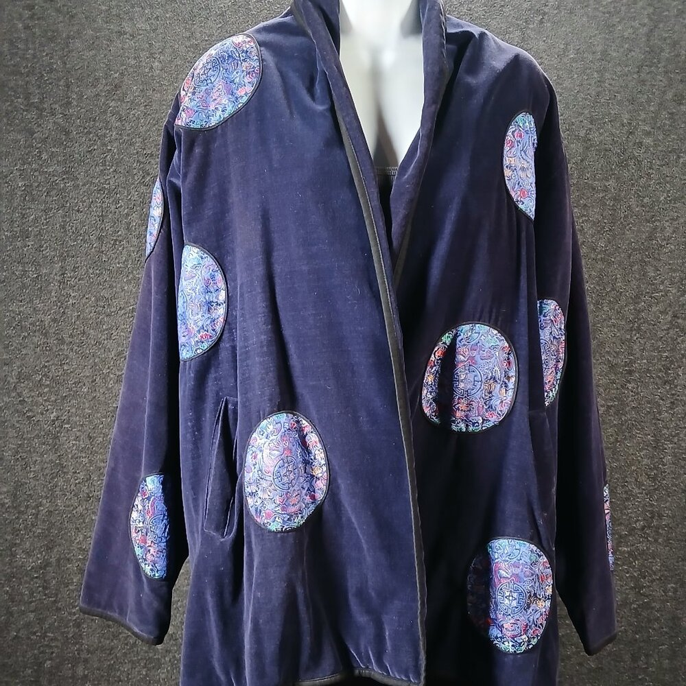 Velvet Kimono-Style Jacket with Brocade Medallion Patches